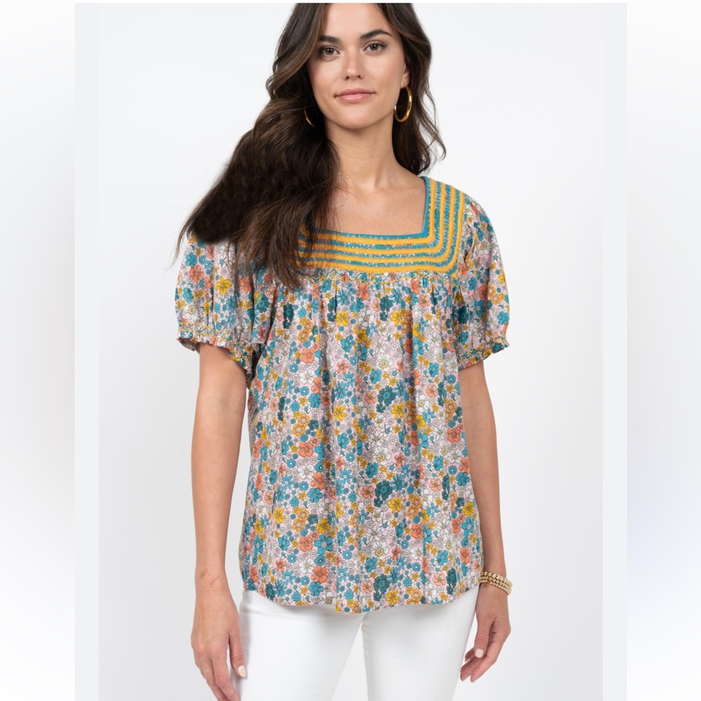 Sister Mary Elana Floral Peasant Top 100% Cotton Boho XS